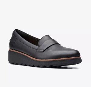 Clarks Black Leather Shoes Loafers Wedges